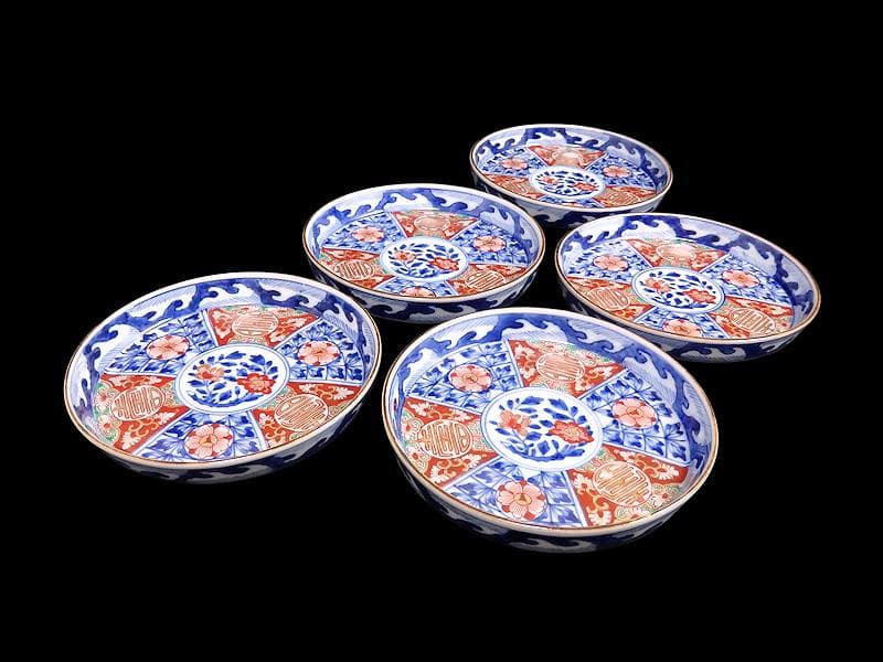 大聖寺伊万里　金襴手　割絵　寿に花の図　平皿 ４寸皿　５枚　143AS-DBd