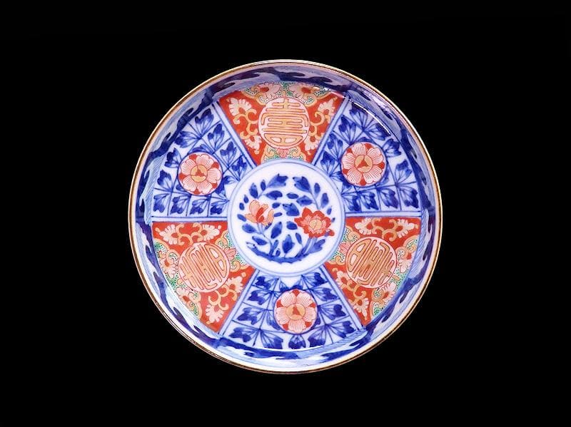 大聖寺伊万里　金襴手　割絵　寿に花の図　平皿 ４寸皿　５枚　143AS-DBd