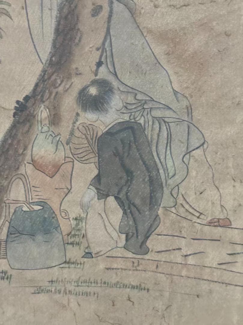 中国古美術 清代 錢慧安 人物と樹木の水彩掛軸 絹本 三尺 手描き 中堂画 肉筆