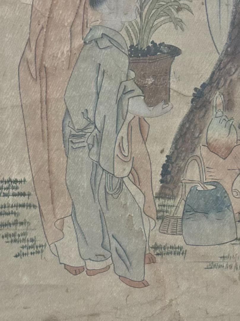 中国古美術 清代 錢慧安 人物と樹木の水彩掛軸 絹本 三尺 手描き 中堂画 肉筆