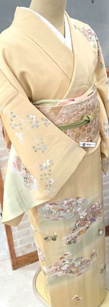 トールサイズ訪問着4点フルセット、着物、袋帯、帯締め、帯揚げ