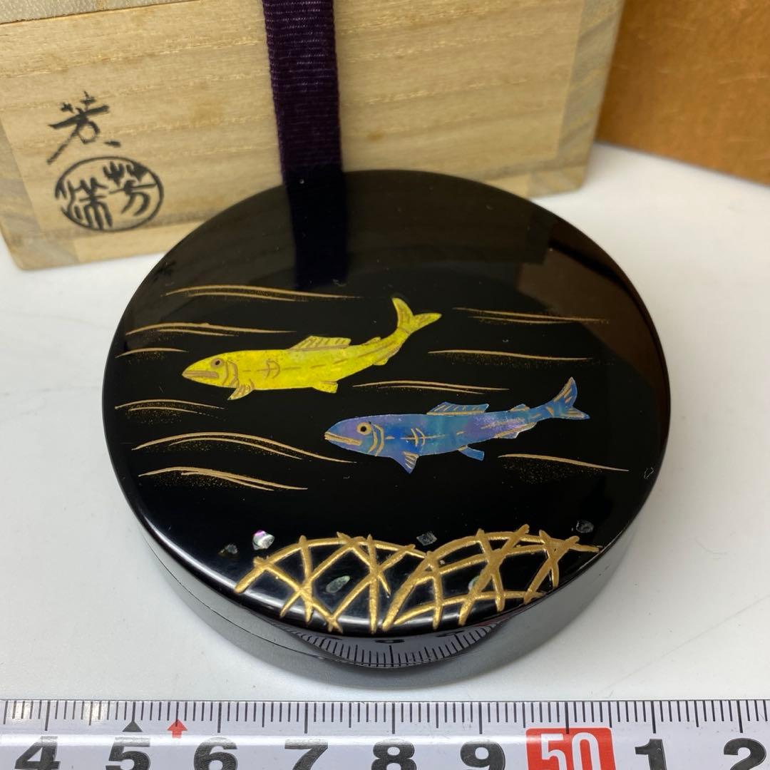 芳 鮎 青貝蒔絵 内築地香合 共箱 w6.3cm 東キ7-1114☆2F
