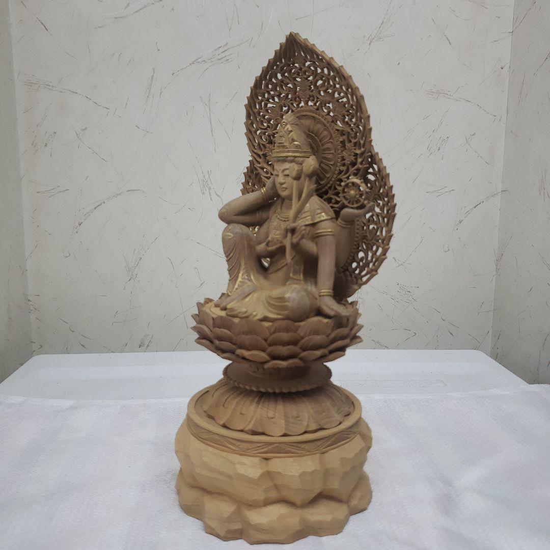 Ｂフライデー蔵出し特価香木 特上彫り如意輪観音菩薩像2.5寸眼入り 二重唐草光背