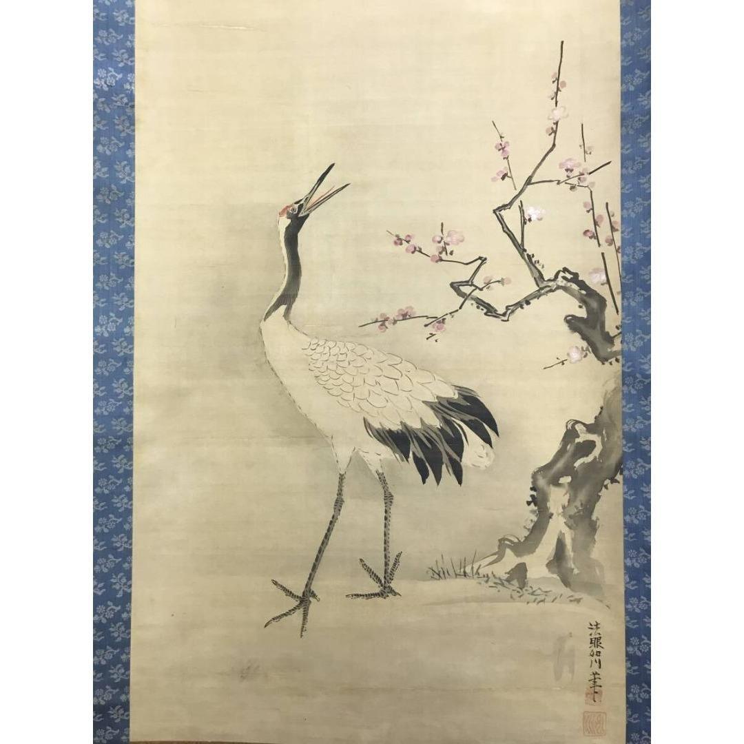 真作/狩野周信/如川/紅梅鶴図/花鳥図/早春の掛軸/掛軸☆宝船☆AK-696