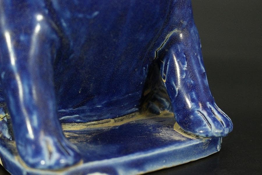 瑠璃釉 兎 置物 高12cm 骨董(LC999)