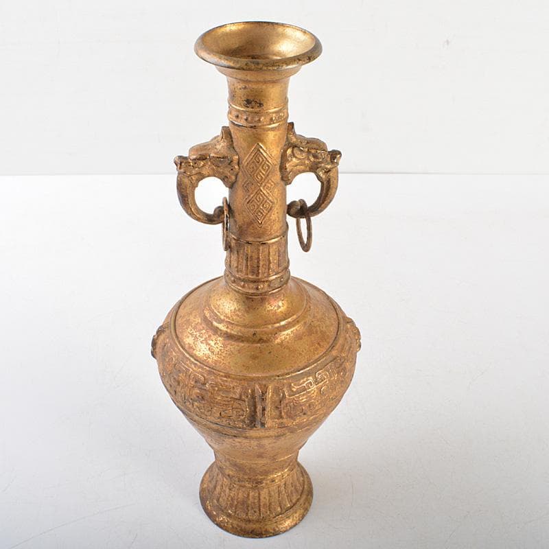 中国　古銅鍍金　饕餮文　双獣耳瓶　M　R6800