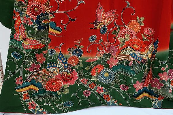 美品 本振袖 紅型染 朱赤 縮緬地 アゲハ蝶 吉祥花 身丈163cm フォーマル