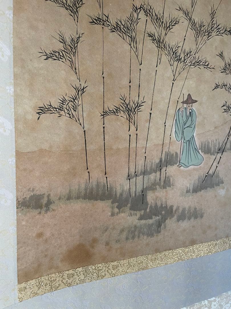 中国　掛け軸　飼鶴図　梁振洲　飼鶴図