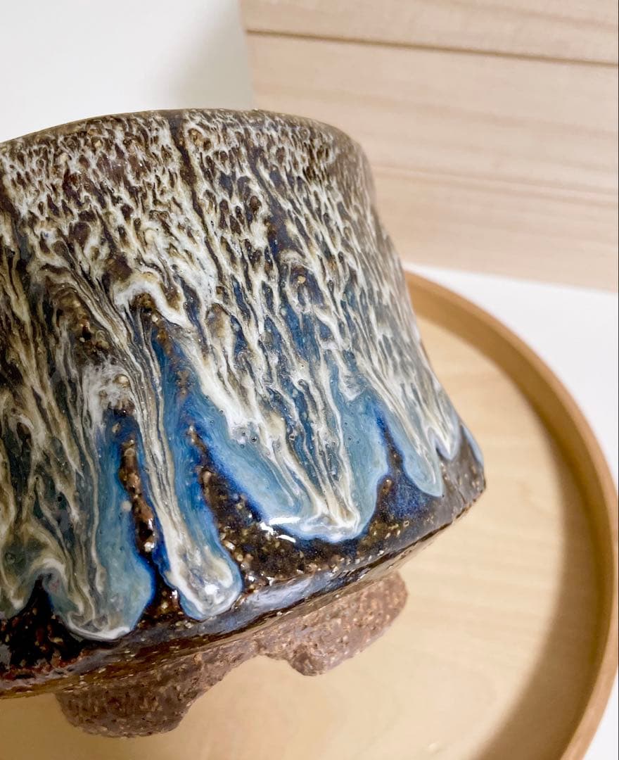 萩焼　山根清玩　しだれ釉　抹茶碗　光彩庵　清玩ブルー　孔雀釉　青　珊瑚礁