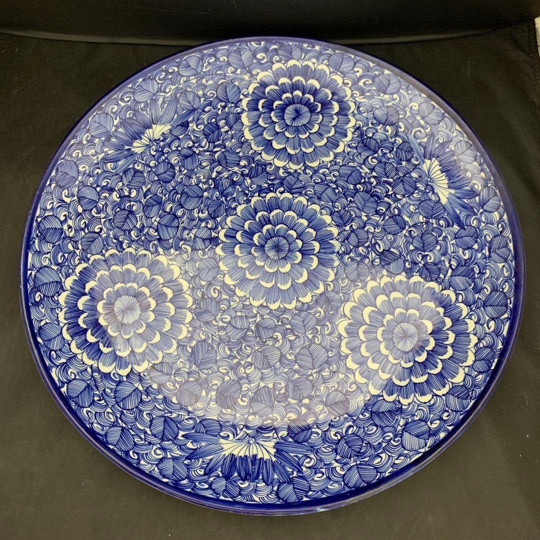 古伊万里　染付　ベロ藍　線描き　花　約直径46.5cm 大皿　太明成化年製