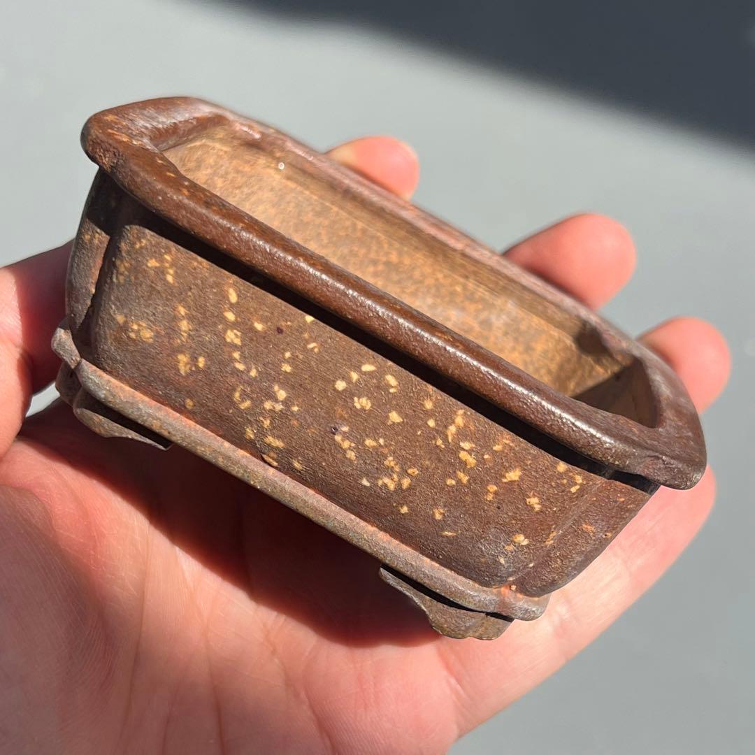 736.平安虹泉 梨皮紫泥隅角段足長方 盆栽鉢 植木鉢 9.4*7.6*4cm