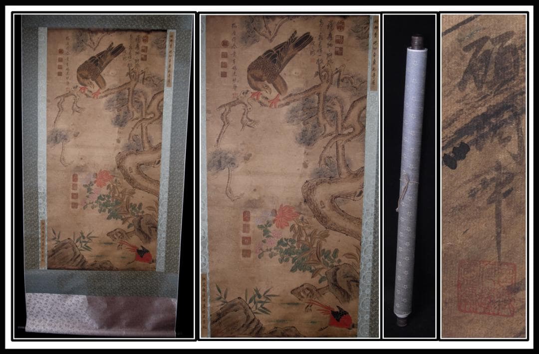 【骨董掛け軸】花鳥図 中国顾闵中　肉筆掛け軸　 唐物唐本　AK610A12-2