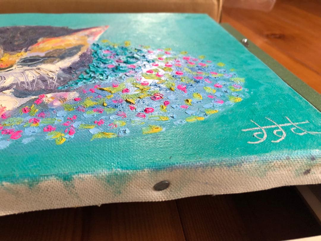 関口すすむ　油絵　猫　ねこ、おや何かいるぞ　F4号