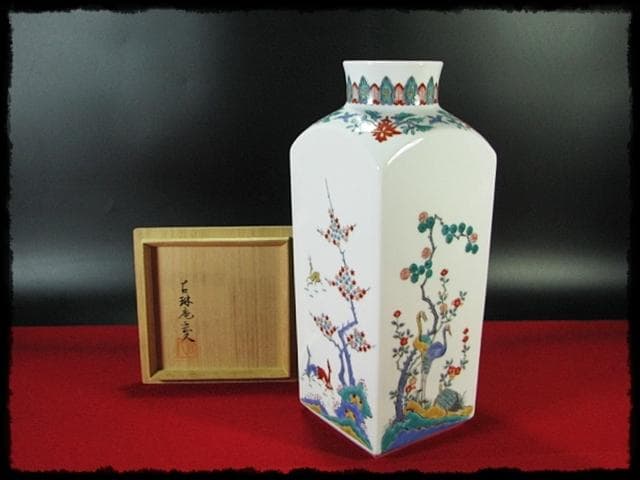 古琳庵 館林 宏久 柿右衛門 錦麦四季紋図 四方 壺 高約32cm 花入 花器