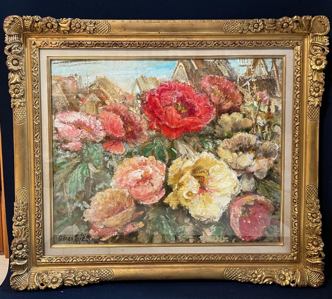 「真作」辻司「牡丹と花嫁」風景画　油彩画　額装　サイン有り　F15号