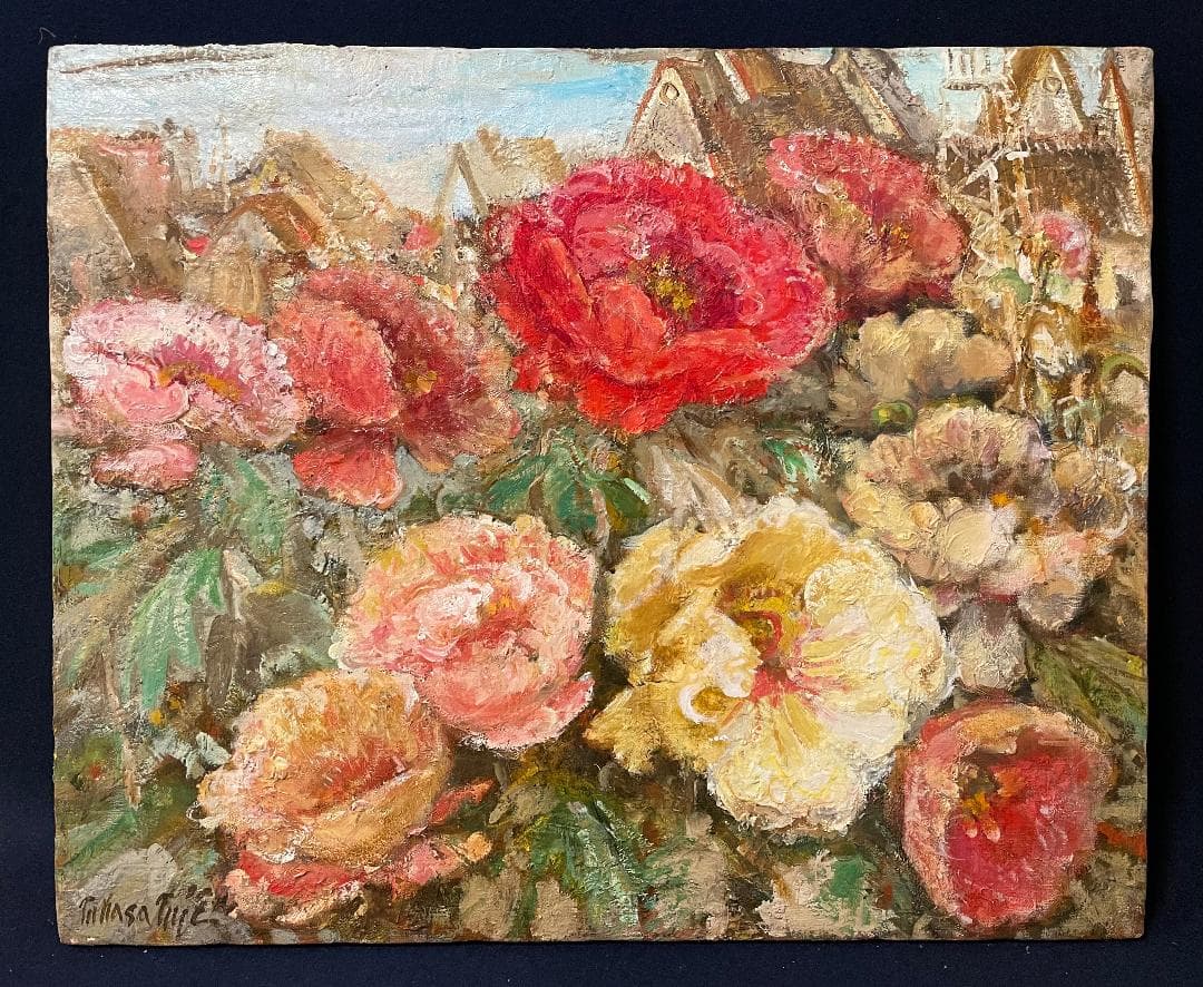 「真作」辻司「牡丹と花嫁」風景画　油彩画　額装　サイン有り　F15号