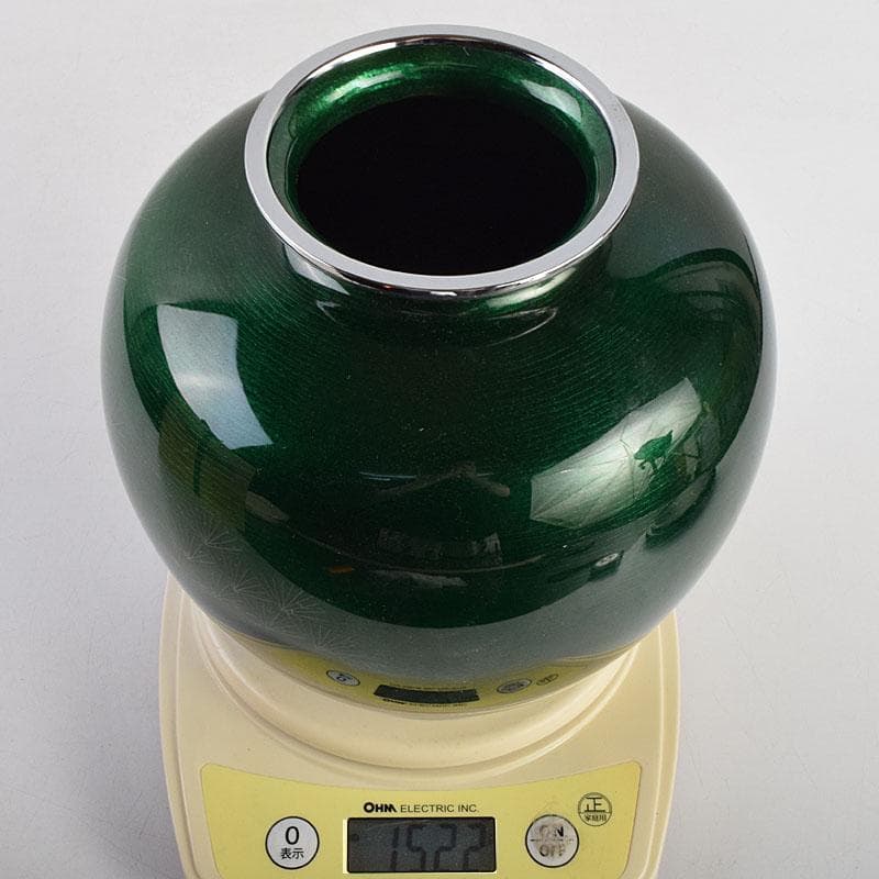 七宝焼　相互七宝謹製　緑透釉　松文　花瓶　唐木台付　共箱　M　R9393H