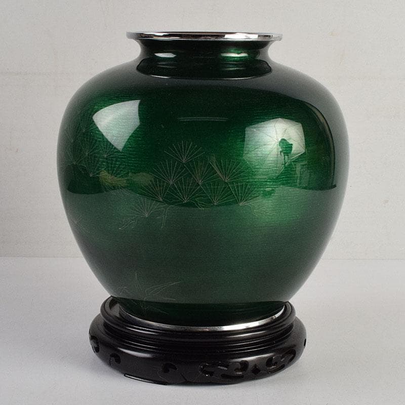 七宝焼　相互七宝謹製　緑透釉　松文　花瓶　唐木台付　共箱　M　R9393H