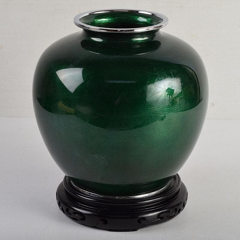 七宝焼　相互七宝謹製　緑透釉　松文　花瓶　唐木台付　共箱　M　R9393H