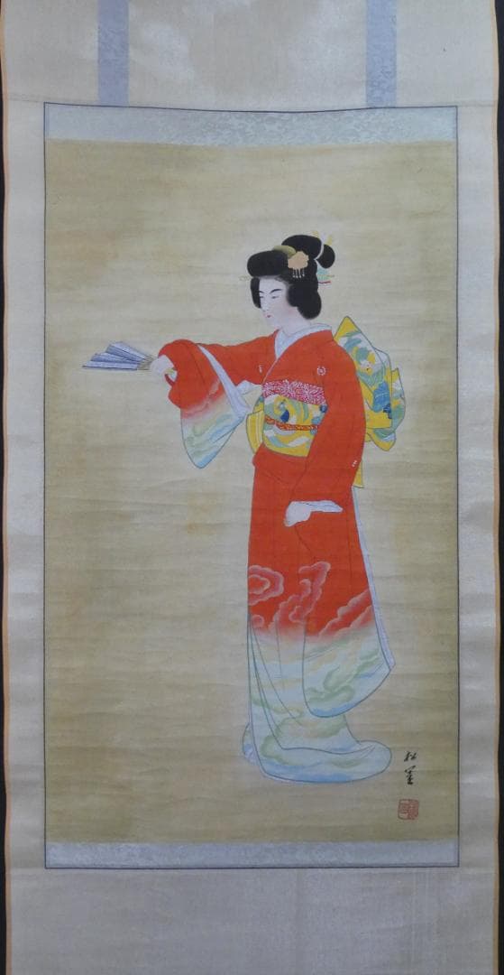 日本画　掛け軸　上村松園　美人画　手描き　肉筆　紙本