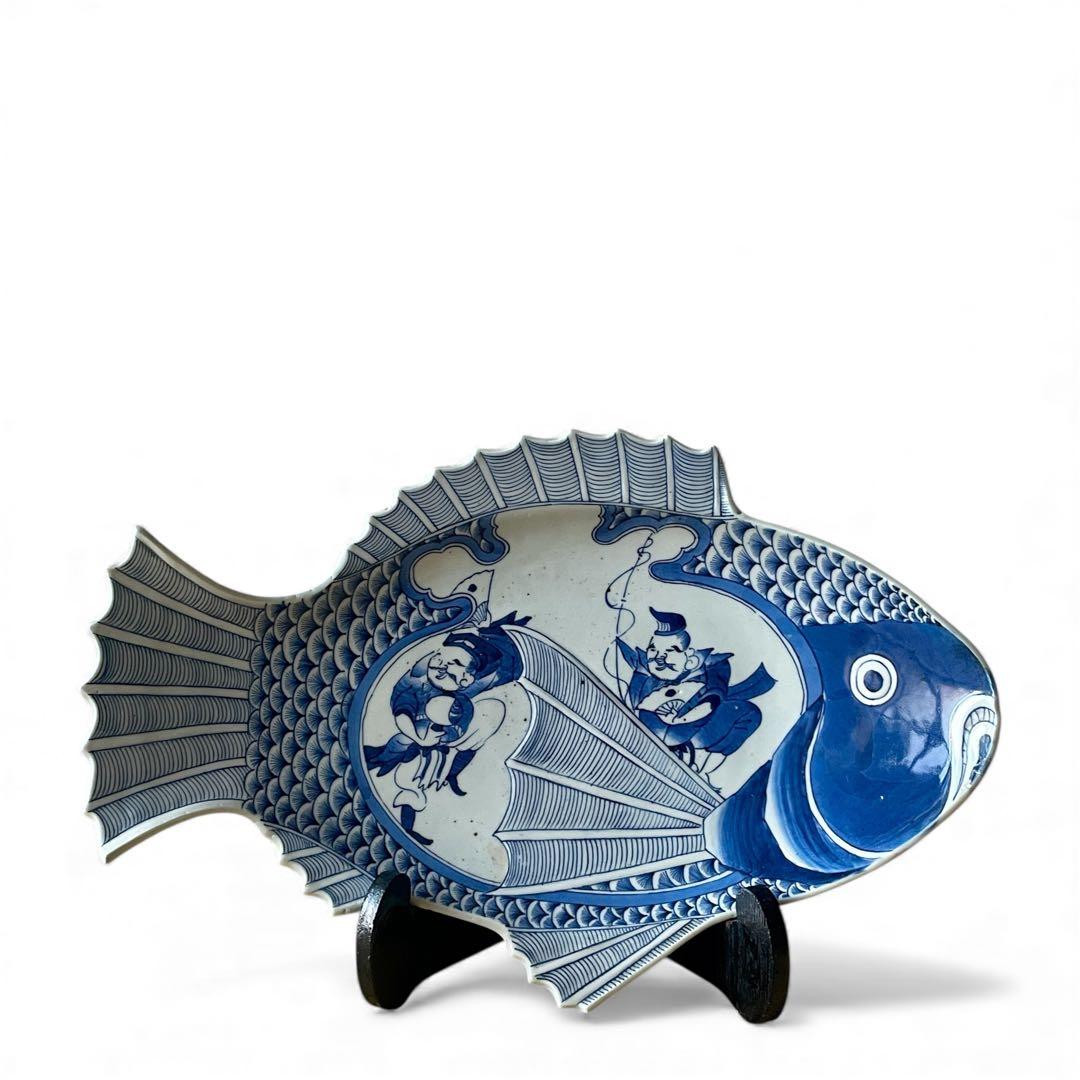 【希少】明治 染付 鯛形皿 恵比寿様 大黒天 検)骨董 古美術 古伊万里 食器