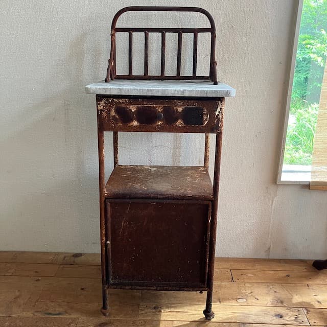 古道具 インダストリアル シャビー ヴィンテージ マーブル天板 ナイトスタンド