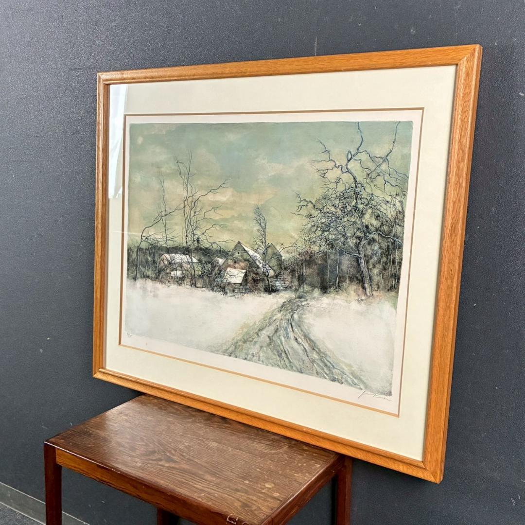 美品 ベルナール・ガントナー「冬の風景画」リトグラフ 直筆サイン入り フランス