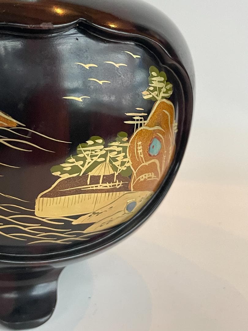 輪島塗 香炉 紫檀 蒔絵 越山 三つ足 山水 阿古陀 漆 金箔 螺鈿細工 骨董