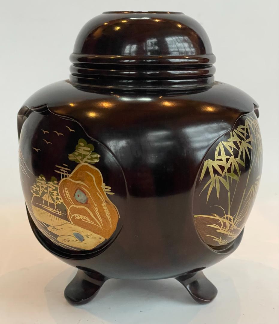 輪島塗 香炉 紫檀 蒔絵 越山 三つ足 山水 阿古陀 漆 金箔 螺鈿細工 骨董