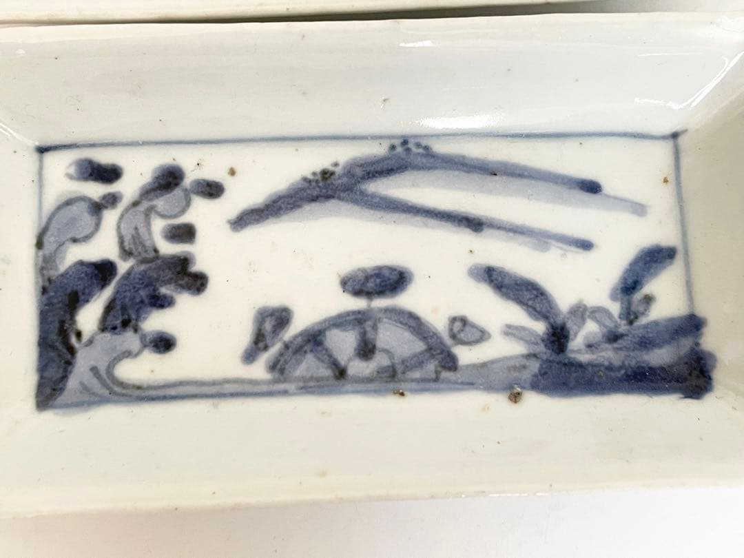 骨董　アンティーク　古伊万里　染付　水車波文様　長方皿　長皿　料理　懐石　2枚