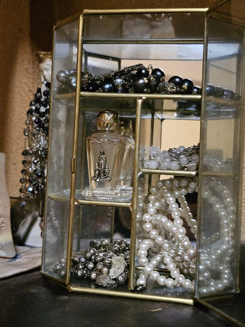 フランス ヴィンテージ 真鍮 ガラス製 鏡 宝石箱 ジュエリーボックス 違い棚