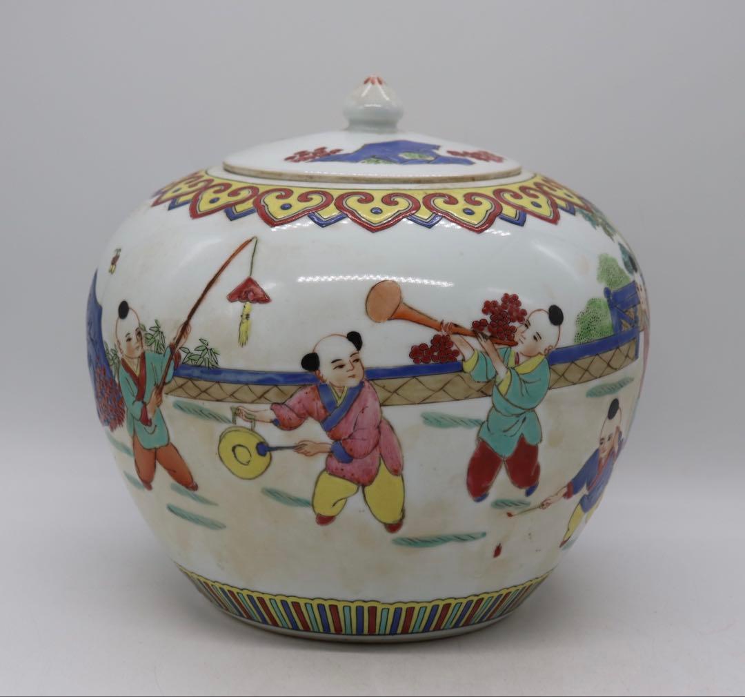 中国　粉彩　唐子　大壺　送料込み250423