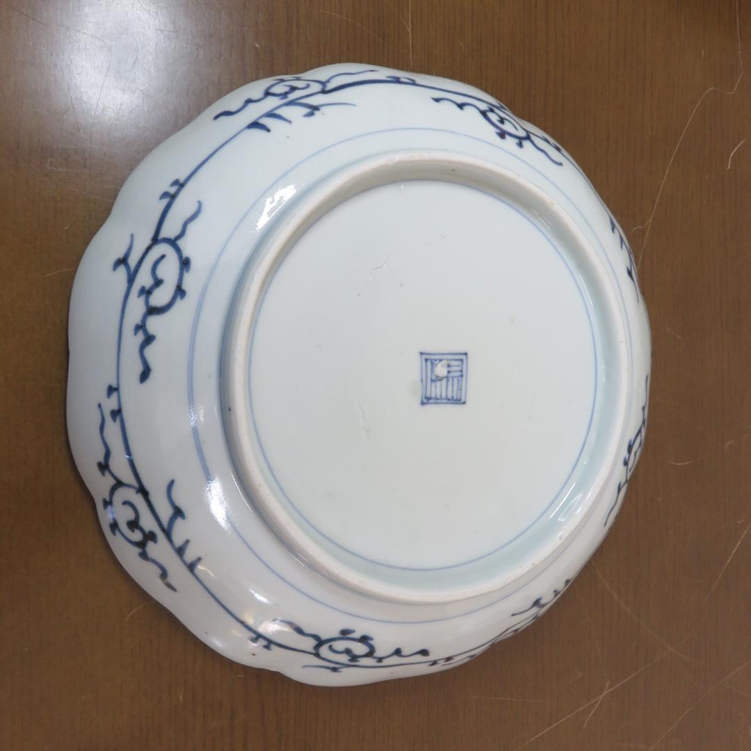 皿 5枚 中皿 染付 線描 染付 銘あり 山水 柳 家屋 古伊万里 江戸