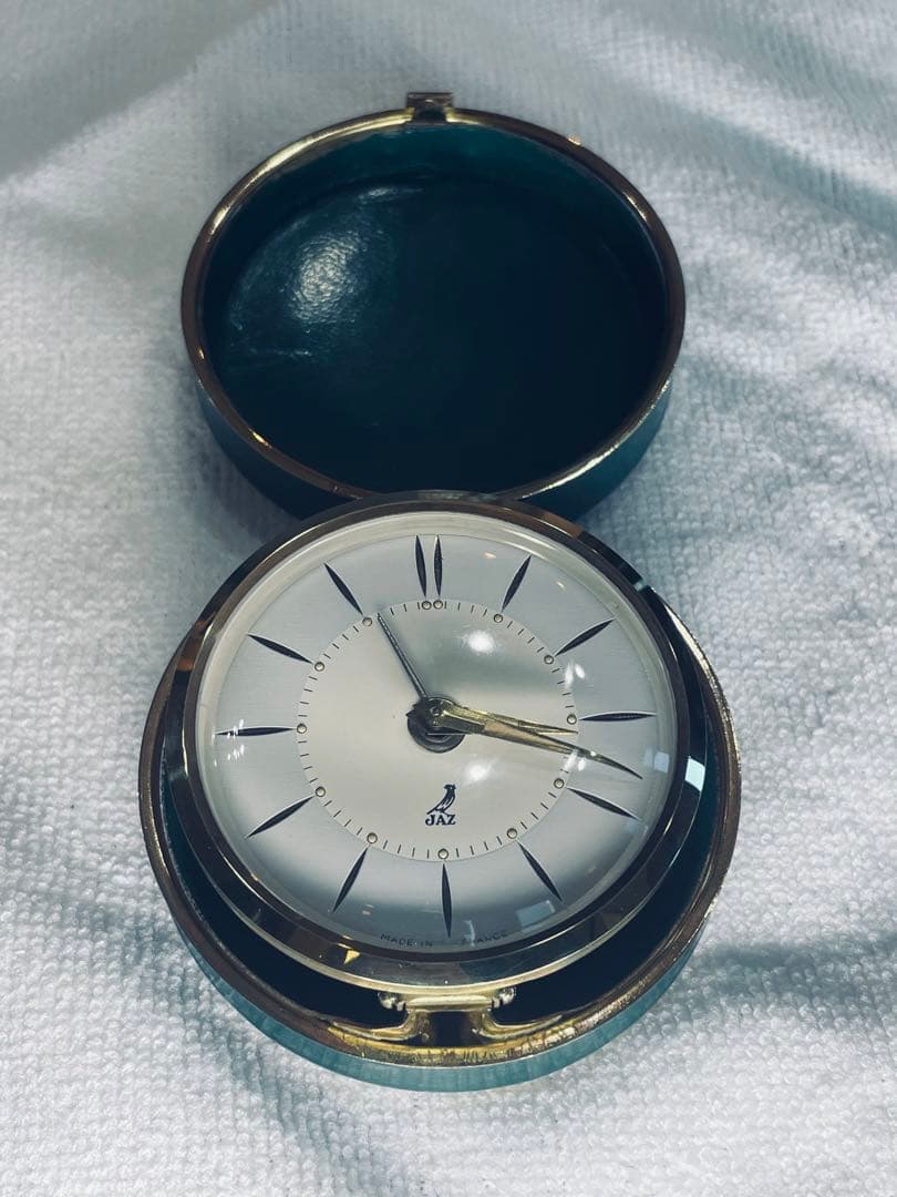フランス'50 JAZ 本革製 真鍮 目覚時計 220gズッシリ 正確稼働整備品