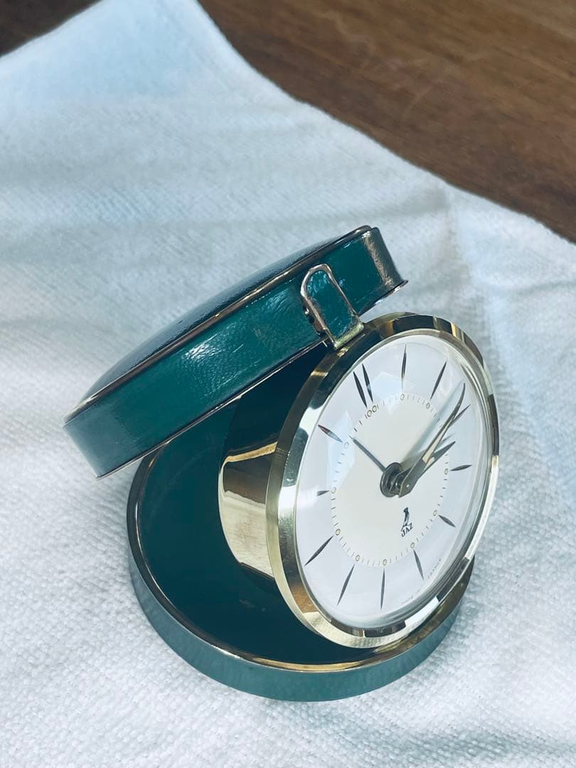 フランス'50 JAZ 本革製 真鍮 目覚時計 220gズッシリ 正確稼働整備品