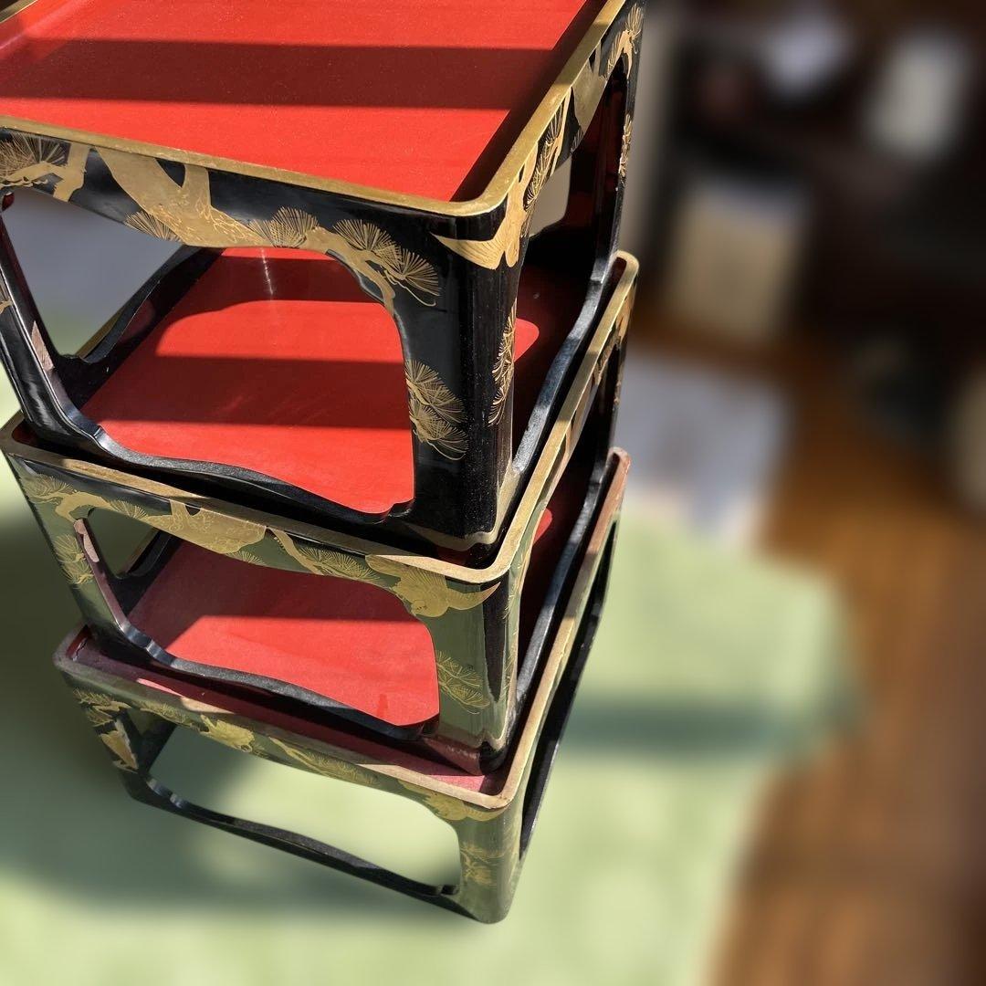 【送料込】漆　蒔絵　台セット　入れ子　アンティーク