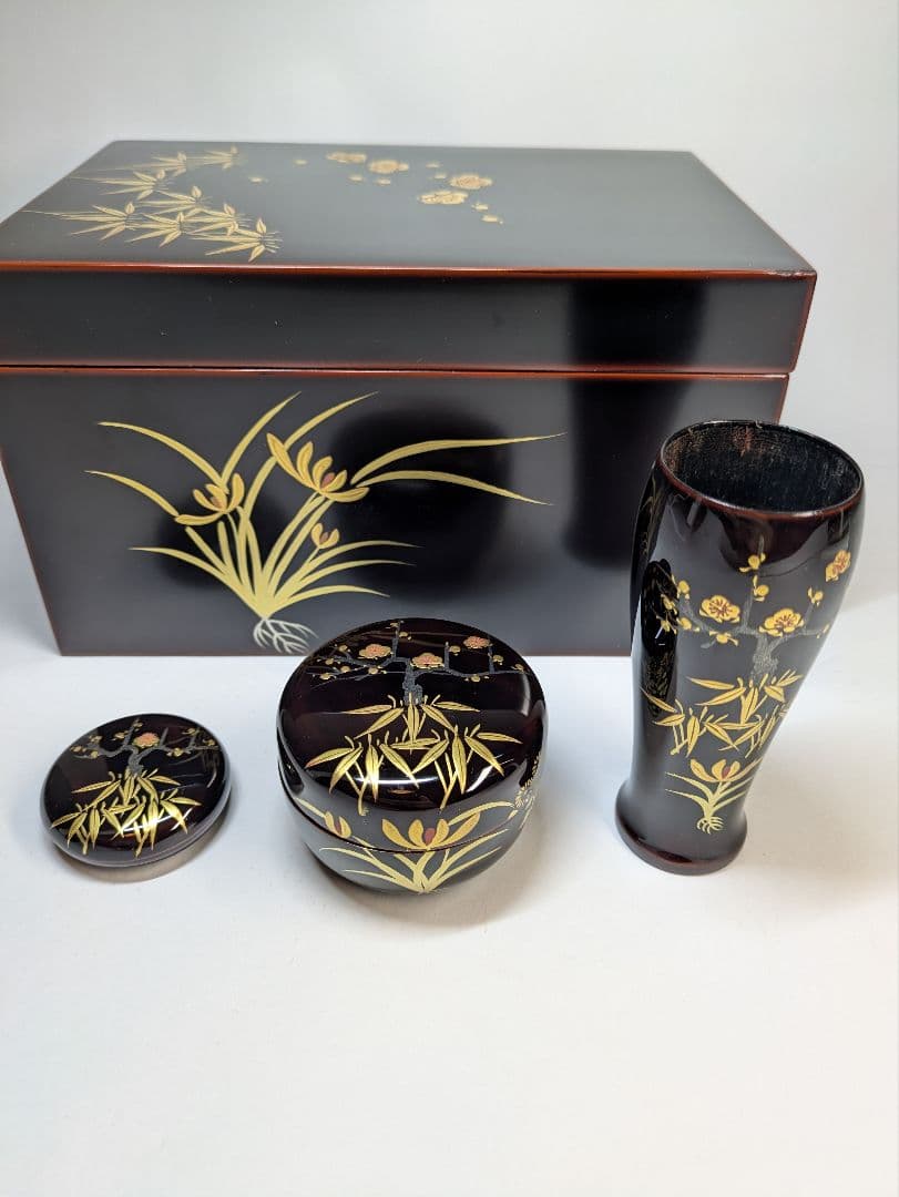 茶箱　梅笹文様　茶道具　平棗　茶せん筒　香合　骨董　光琳蒔絵　輪島塗