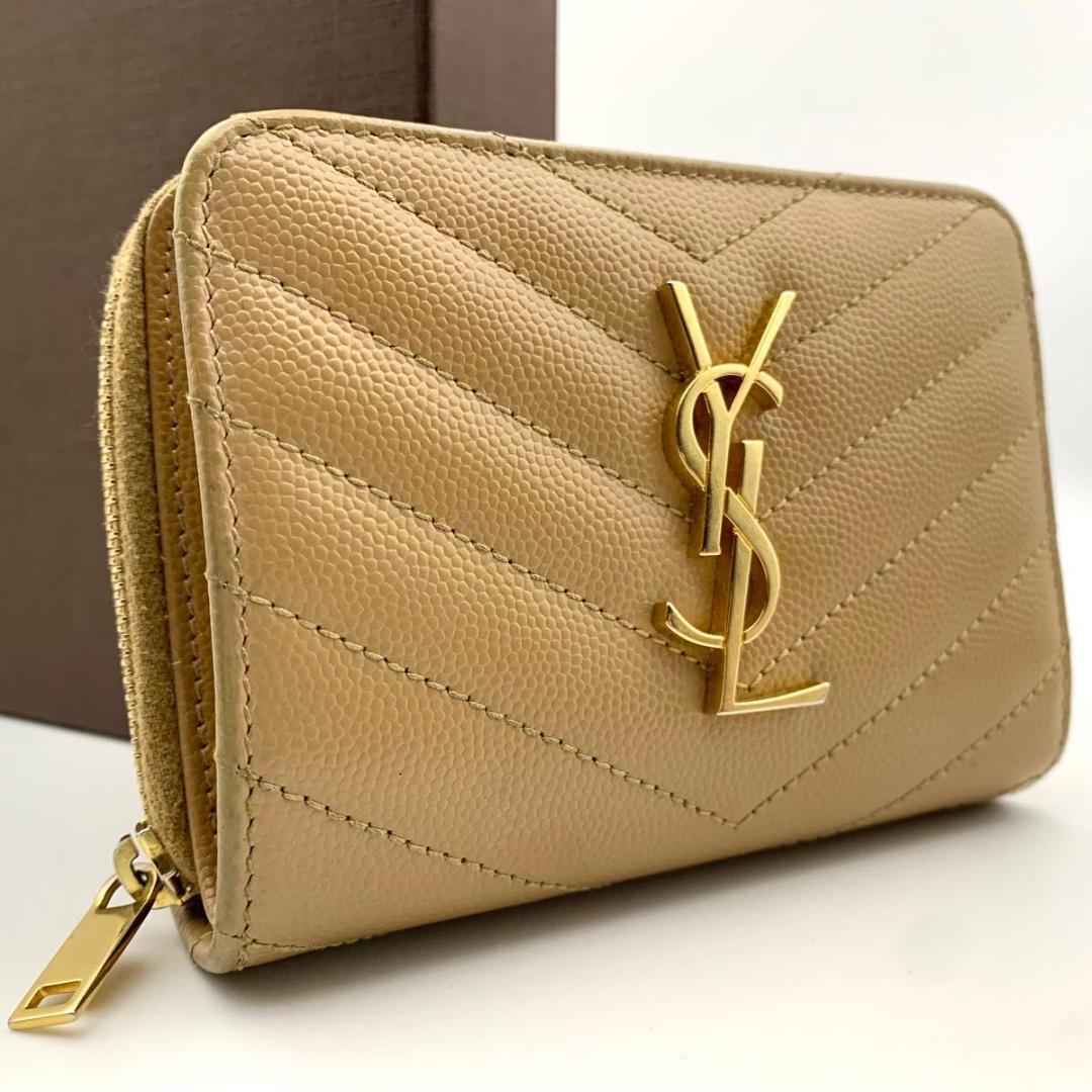 鑑定済み 美品 サンローラン 財布 カサンドラ YSL コンパクト キャメル