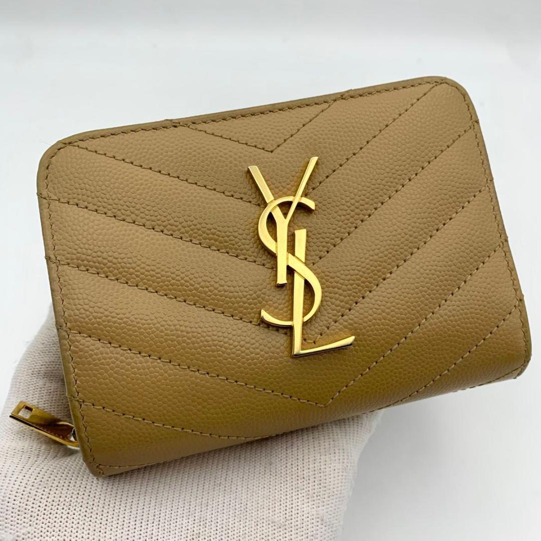 鑑定済み 美品 サンローラン 財布 カサンドラ YSL コンパクト キャメル