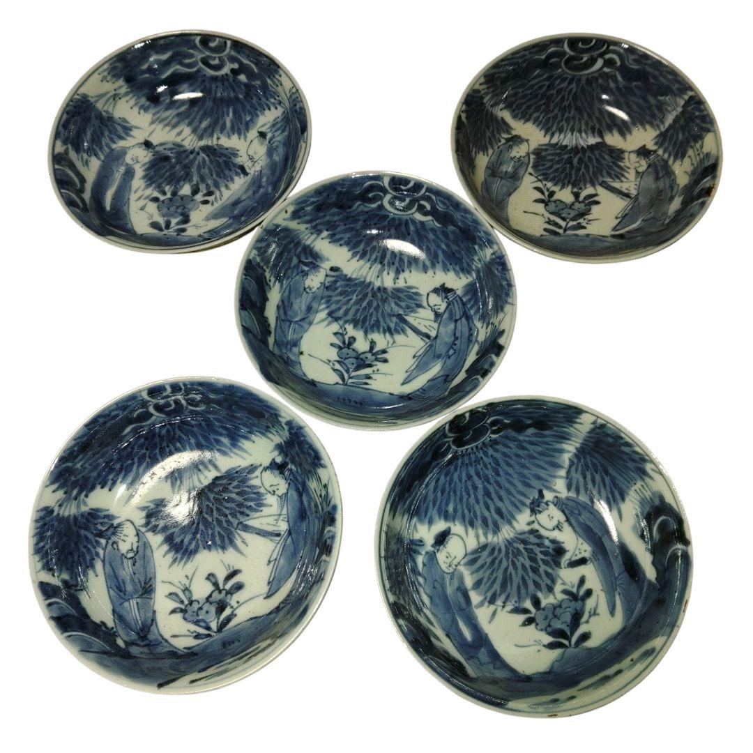 江戸後期　竹林の賢人染付膾皿　骨董品　惣菜　向付