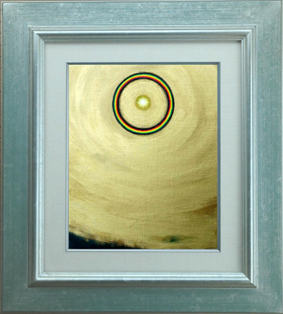 油絵 菅家令子絵 絵画インテリア額付(青緑＋金色の枠)F3-G112023風景祈