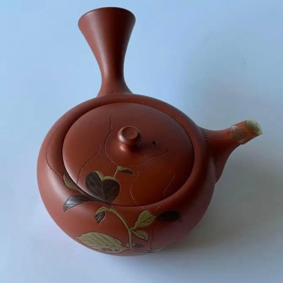 常滑焼 伊藤 昭陽作 幸山刀 朱泥彩色　水引草 彫り 急須 茶器 煎茶道具