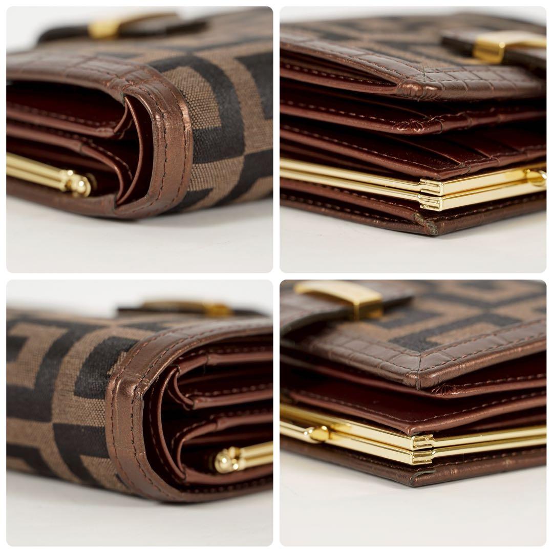 【極美品✨】ジバンシー　付属品　三つ折り財布　ロゴ総柄　がま口　レザー　ブラウン