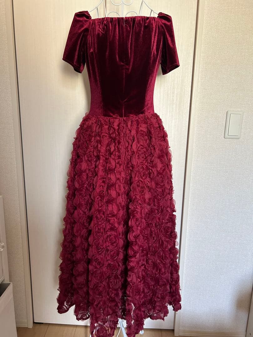 ベロアロゼットフレアドレス　etoll. バーガンディ