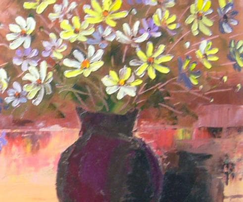 絵画 肉筆油絵 青木今陽 静物画 紫色の花と黄色い花々