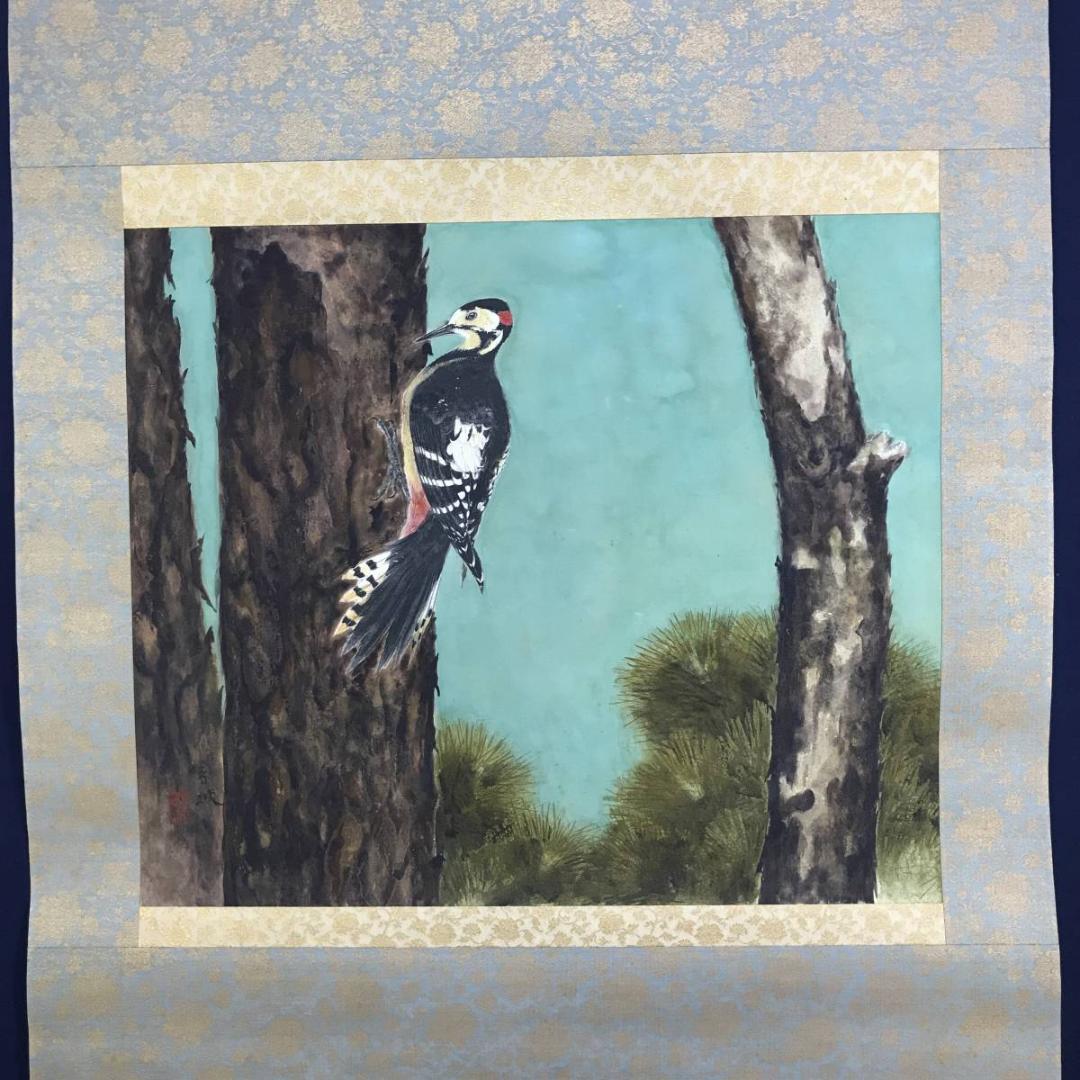 真作/朝見香城/樹間啄木鳥図/キツツキ/花鳥図/掛軸/名家伝来/AD-877