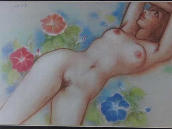 古沢岩美、裸婦と花、リトタイプ、判上サイン入/美人/新品額付