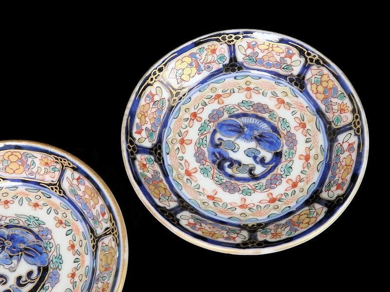 古伊万里　染錦　団龍紋に花の図　３寸皿　豆皿　手塩皿　２枚　E207AS-CPx