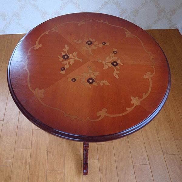 激安！　新品　マホガニー　円形　保護ガラス付　 花柄 　彫刻　猫脚　4本足