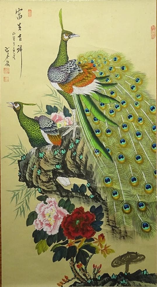 大幅掛軸 古今韶『金孔雀図』中国画 絹本 肉筆 共箱付 掛け軸 a061112